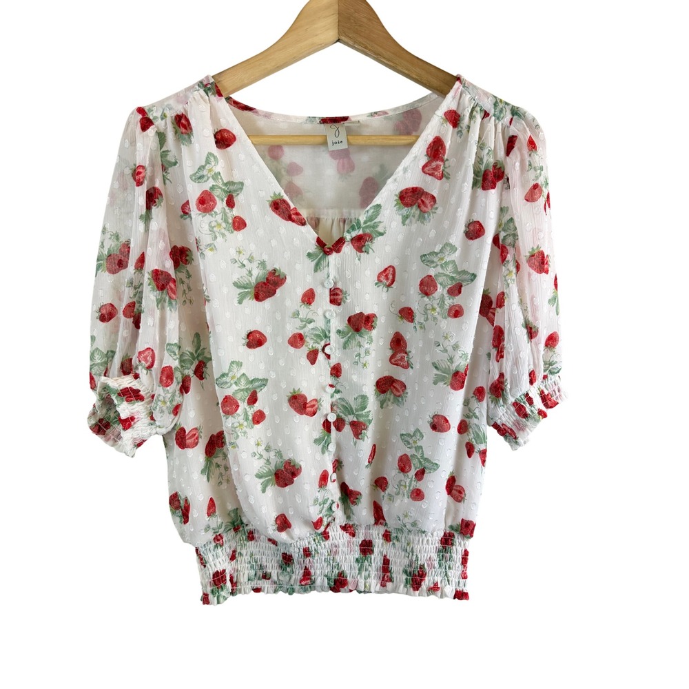 Joie Strawberry Print Clip Dot Blouse Women Medium White Red V Neck Smocked Hem